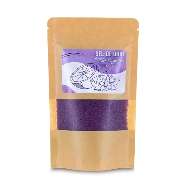 Vente aux professionnels de Sels de bain violet de 250g - Patchouli, Orange et Jasmin
